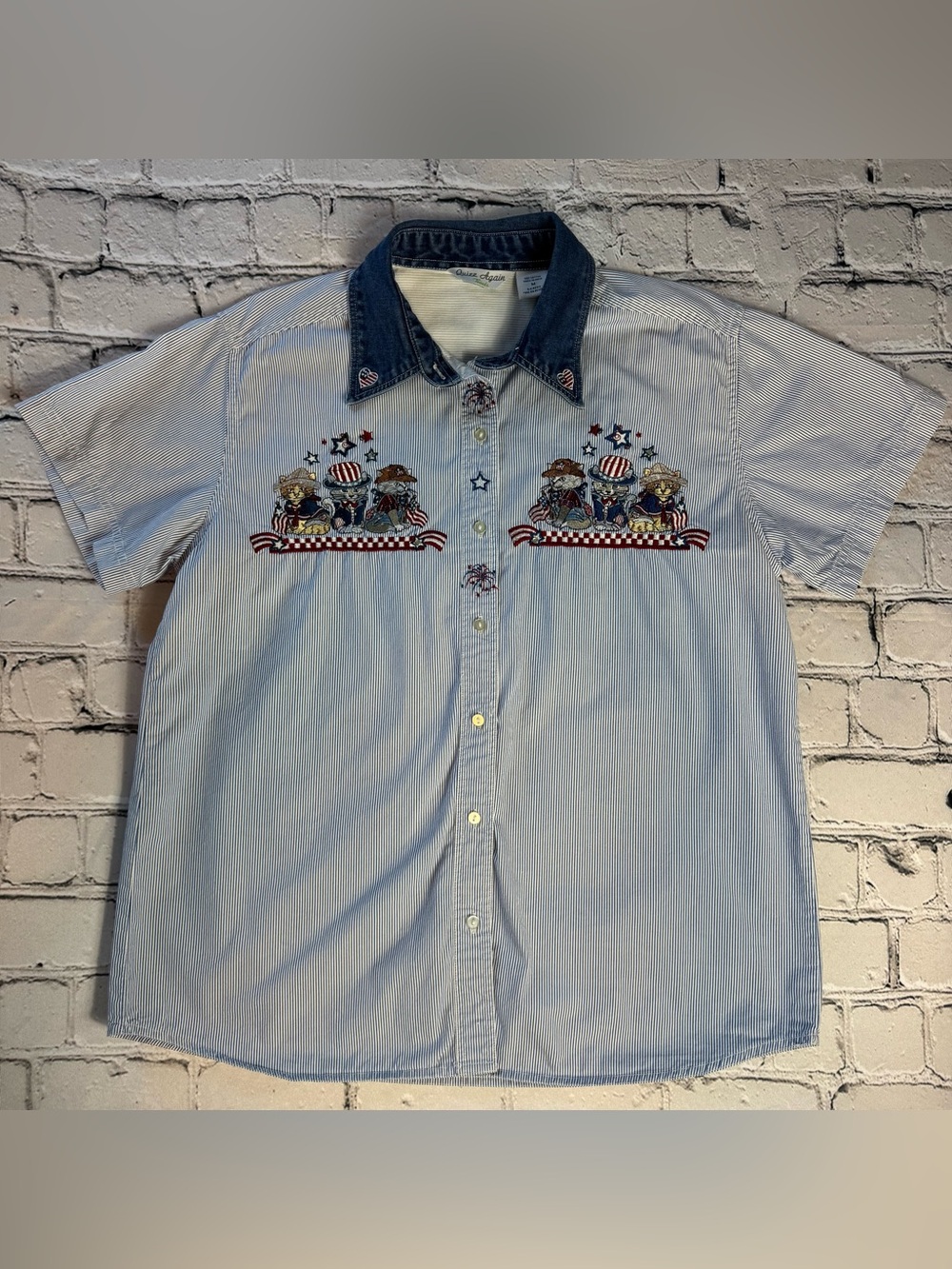 Vintage Quizz Again Americana Patriotic Cats Embroidered Shirt Denim Collar M